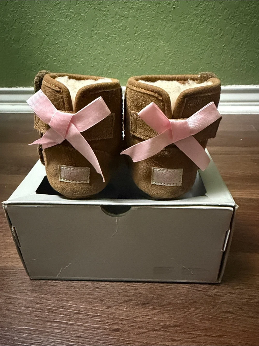 UGG Baby Chestnut Suede Boot with Pink Bow Accent